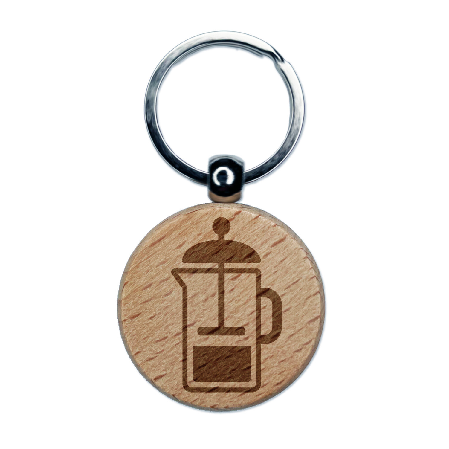 French Press Coffee Engraved Wood Round Keychain Tag Charm