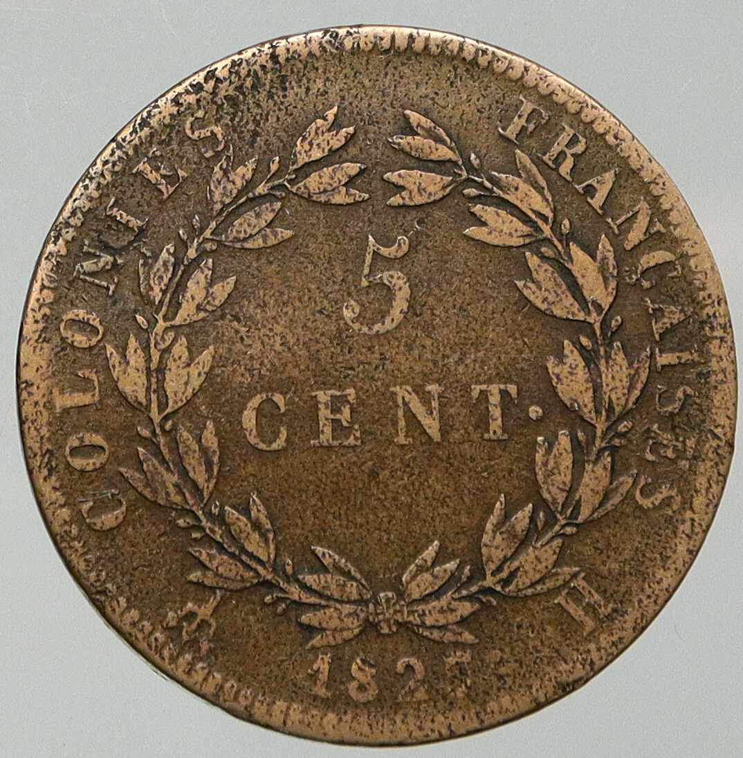 [必携］フランスカタログ/FrenchCoinCatalog「希少」 1825 FRENCH COLONIES King Charles X ANTIQUE 5 Centimes Old French