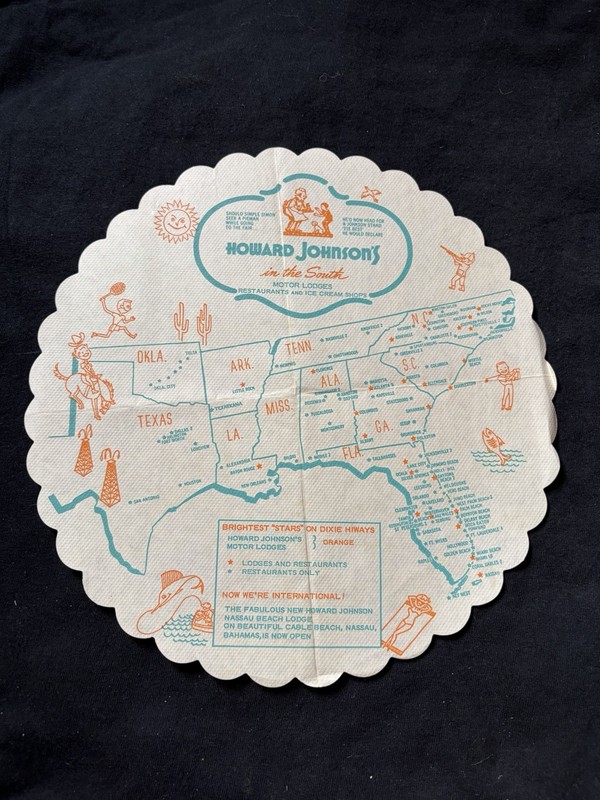 1960’s Howard Johnson's Paper Placemat Map - South - Restaurant Locations