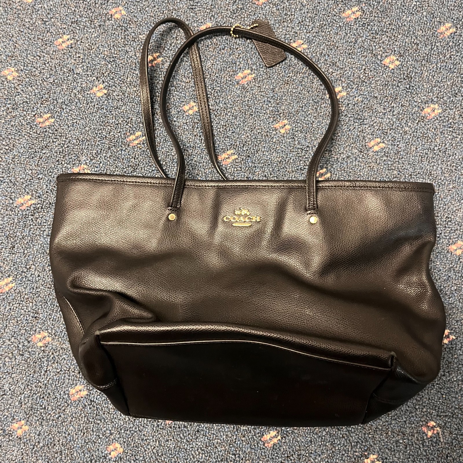 Coach City Tote Black Signature Logo Shopper Satchel Purse Bag Charm Zip Pocket