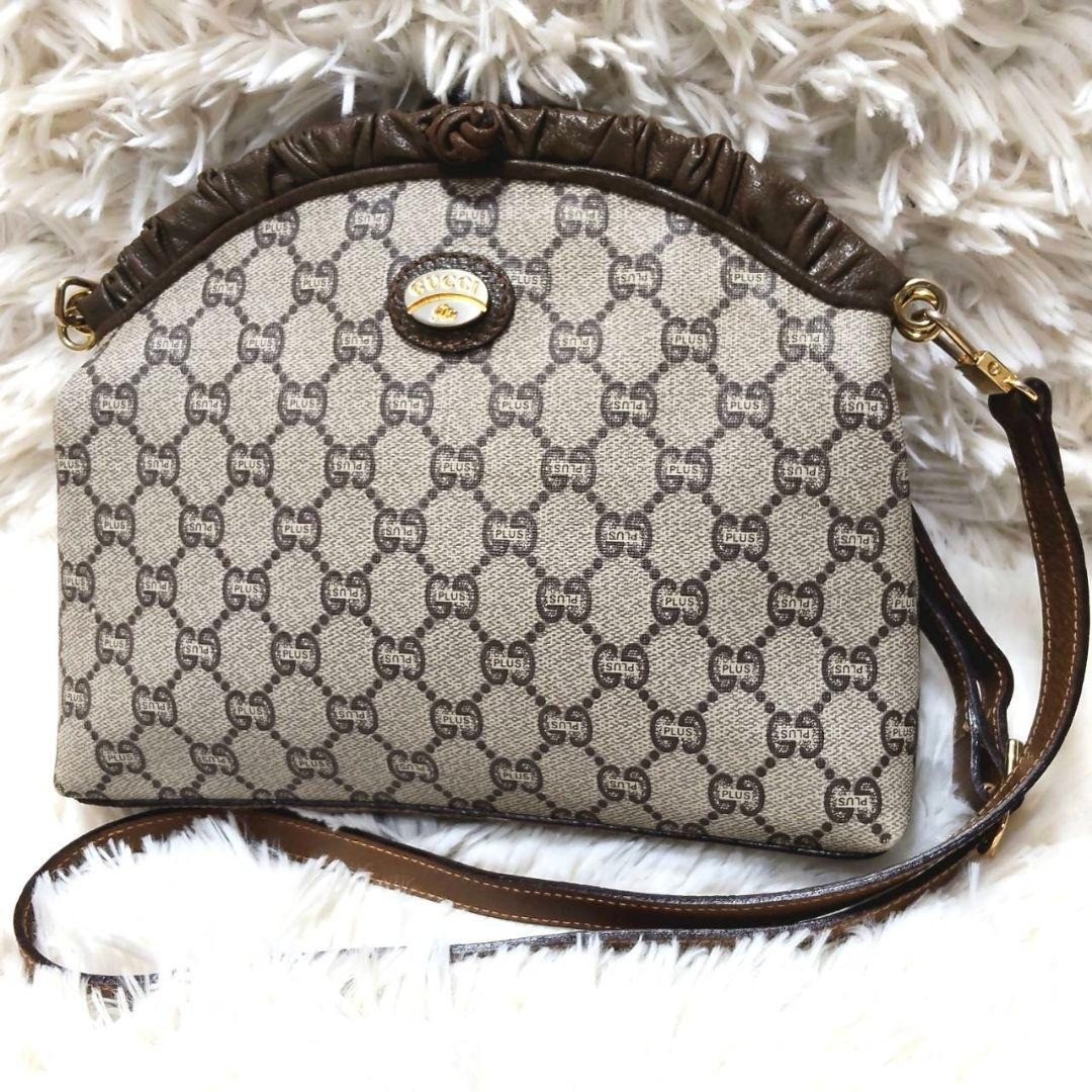 GUCCI GG Plus Shoulder Bag Magnetic Leather PVC Brown Beige Gold HW w/ Frills