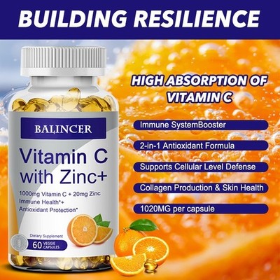 High Potency Vitamin C 1000mg + Zinc 20mg,For Immune System,Brain 30~120Capsules