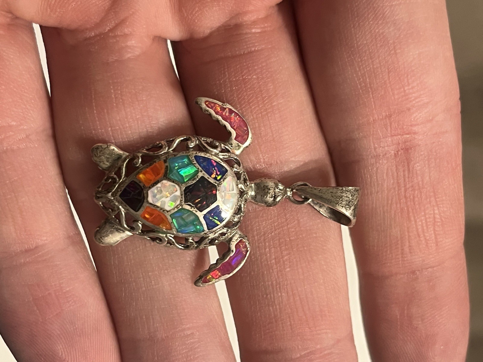 Solid 925 Sterling Silver Mosaic Turtle Multi Col… - image 1