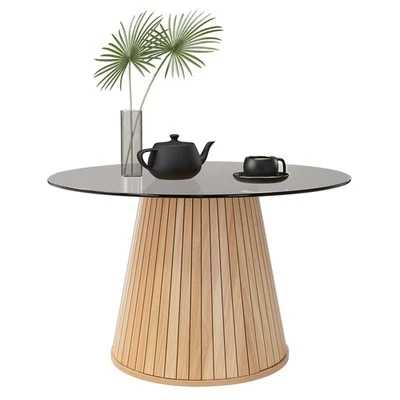 Table basse ronde 80 cm plateau en verre aspect bois mobilier pour café et thé - Photo 1/4