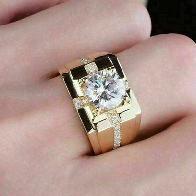 2 Kt Rund VVS1 Diamant Herren Ring Verlobungsring Ehering Gelbgold-Finish Silber