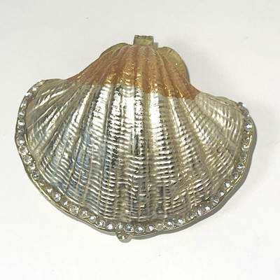 Trinket Box Enamel Rhinestone Shell Scalloped Seashell Metallic Hinged Vintage