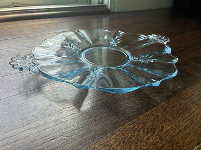 Vintage Fostoria Azure Blue Baroque Handled Cake Plate 12.5'' Centerpiece 1930s