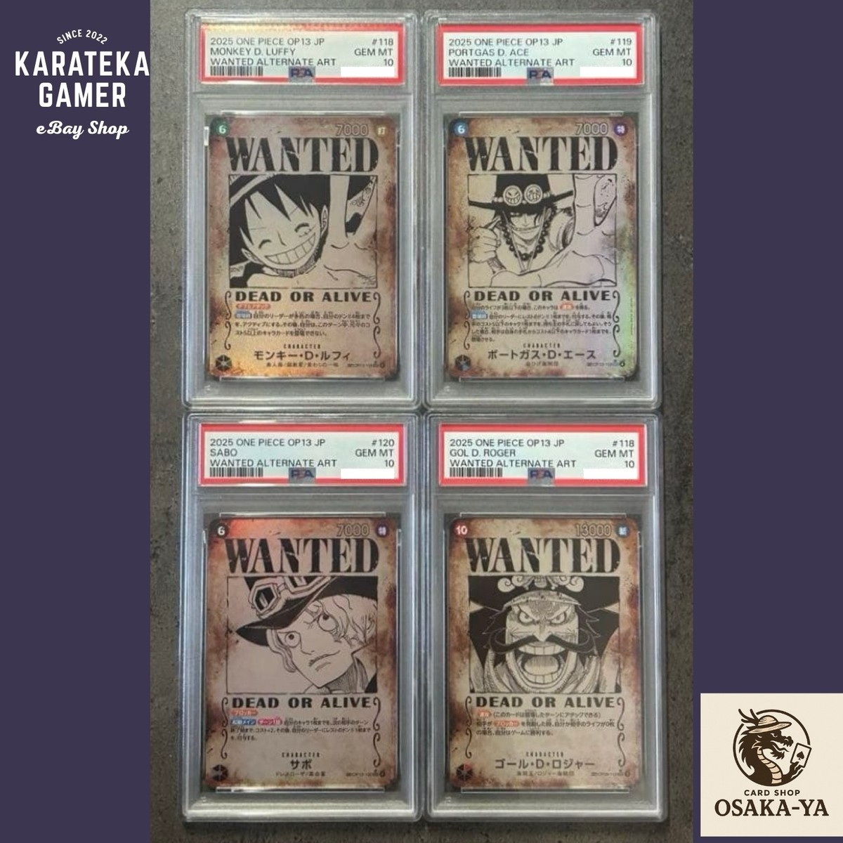 PSA 10 Luffy Ace Sabo Roger OP13 SEC SP Wanted Set One Piece Card