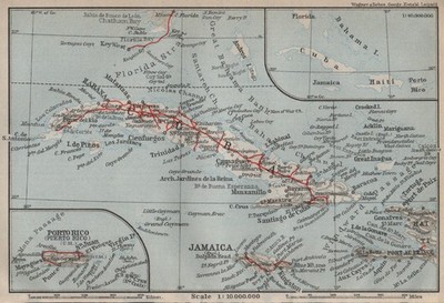 KUBA PUERTO RICO Jamaika Haiti. Karibik. BAEDEKER 1909 alte antike Kartenkarte