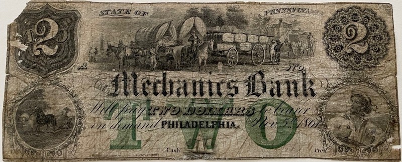Mechanics Bank, Philadelphia PA Altered $2, Haxby PA455-A10, Hoober 305-399 (R5)