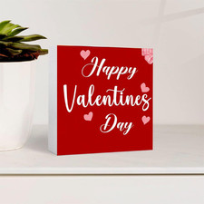 2D 1P Red Wooden Box Sign Happy Valentine's Day with Hearts Valentine's Gift 5x5