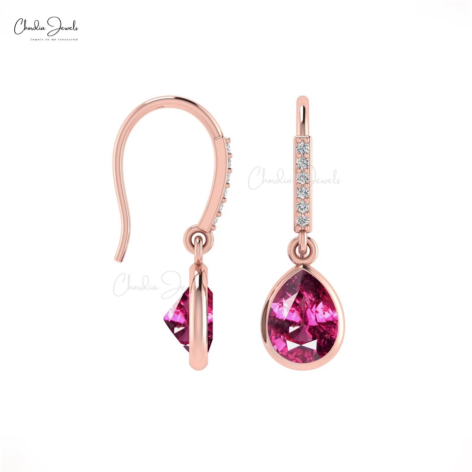 Pendientes colgantes colgantes de diamantes rodolita granate de 8x6 mm de pera de oro real de 14 quilates para mujer Foto 2 de 4