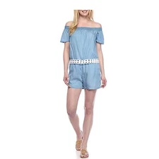 Crown & Ivy Womens Romper Shorts Medium Chambray Off Shoulder Crochet $90