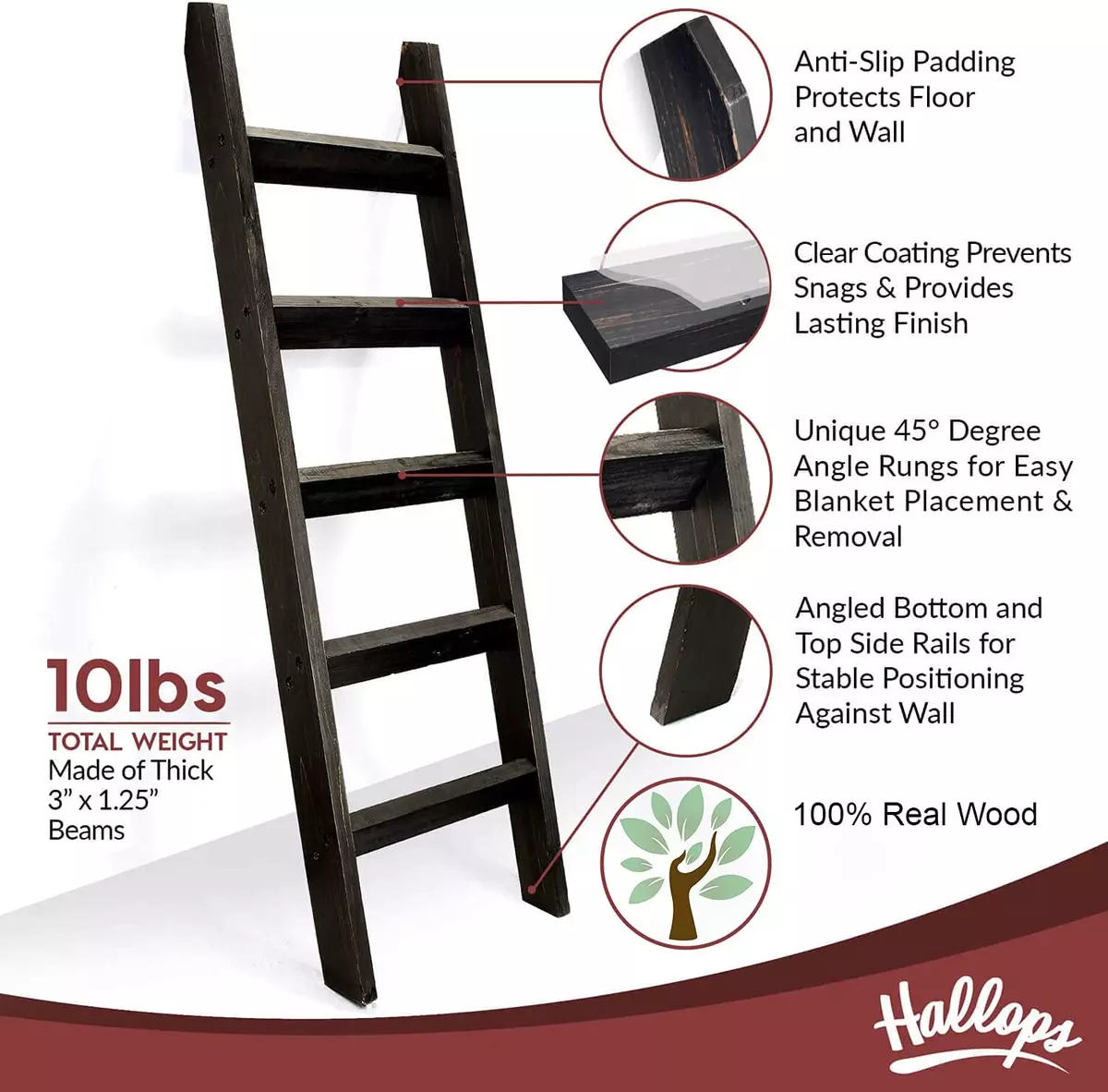Hallops Blanket Ladder 5 Ft. Premium Wood Rustic Decorative Quilt