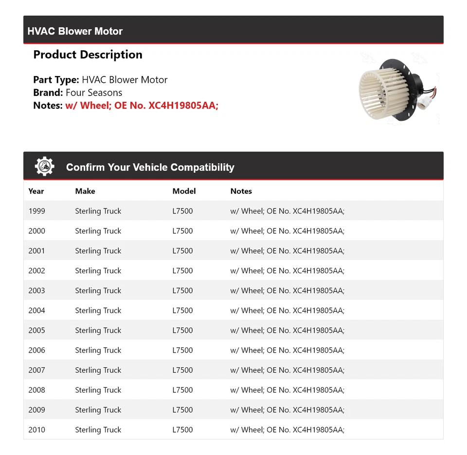 Motor soplador de climatización para camión Sterling L7500 1999-2010 4 estaciones 2000 2001 2002 Foto 2 de 4