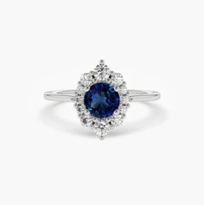 Goldring 14K 585 Weissgold natürlicher blauer Sapphire 12 Brillanten Diamanten V - Bild 1 von 4