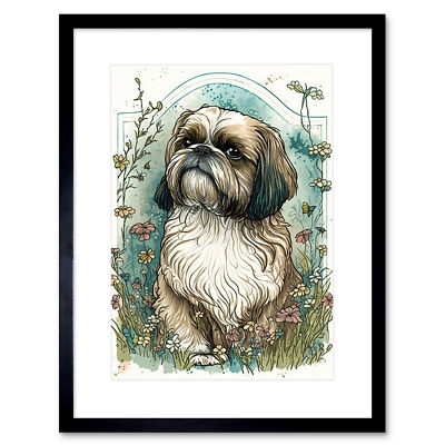 Shih Tzu Dog Wildflowers Modern Art Nouveau Framed Wall Art Print Picture 9X7 In