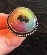 Pink Blue Yellow Rainbow Solar Quartz Ring Size 6.5 Raindrop Bezel Artisan
