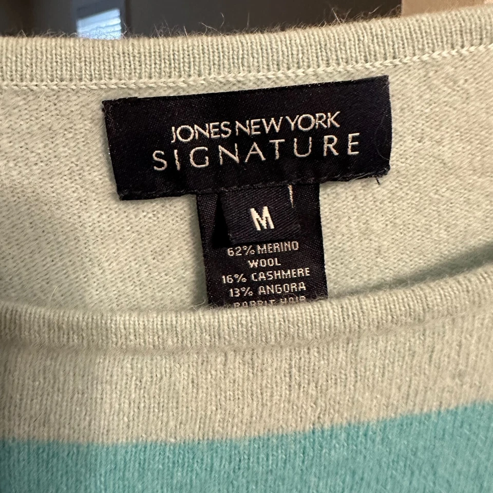 Suéter Jones New York Mujer Mezcla Lana Cachemira Rayas Turquesa M Dinero Antiguo Foto 4 de 4