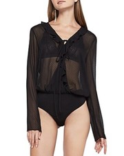 BCBGeneration Women's V Neck Tie Ruffle Dotted Bodysuit Long Sleeve Black XS