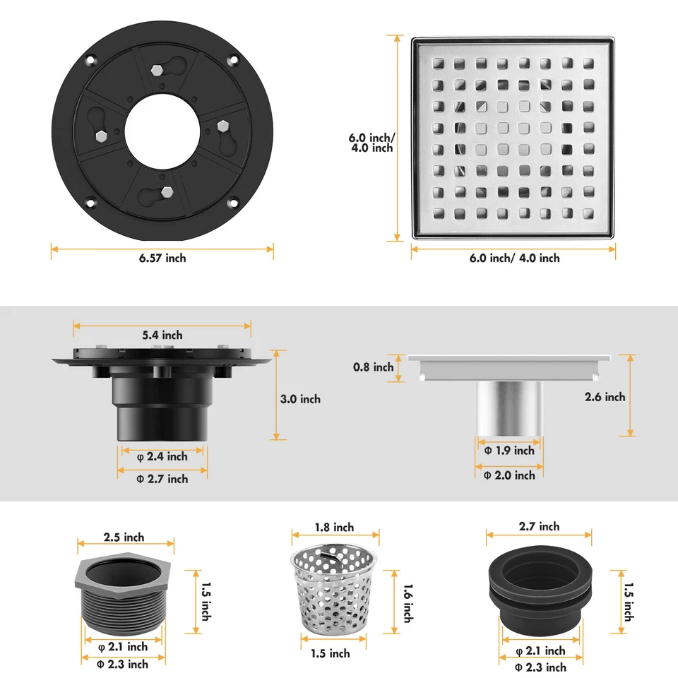 Drenaje de piso de ducha cuadrado MICMI con brida, acero inoxidable 304, níquel cepillado Foto 3 de 4