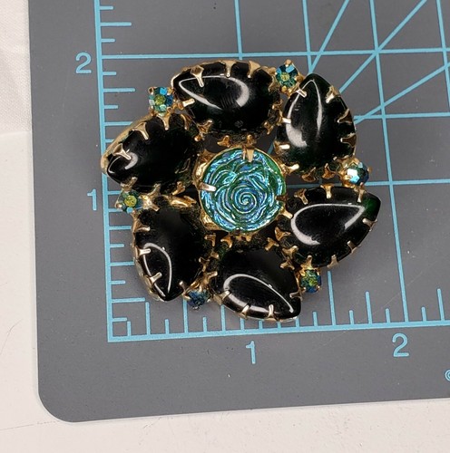 Vintage Formglas Brosche grüne Steine Türkis Blume hinten offen goldfarben - Bild 3 von 12