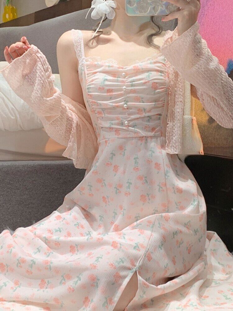Fairy Floral 2 Piece Dress Set Woman Beach Summer Elegnat Sleeveless Midi Dress