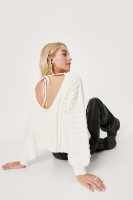Nasty Gal Sweater Sz10/12 Wide Ribbed Low Back Balloon Sleeve Jumper Fall Casual