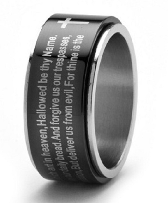 Stainless Steel Lord's Prayer Spinner Ring - Engravable, Black Spinner With Cross, Sizes 9-13 - View #7