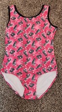 Destira L Large Gymnastics dance leotard Strappy Back Pink with Gray Cats