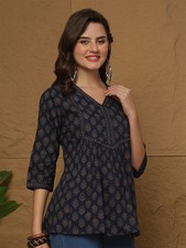 Indian Women Blue Pure Cotton Floral Printed Top Tunic Kurta Kurti New Dress