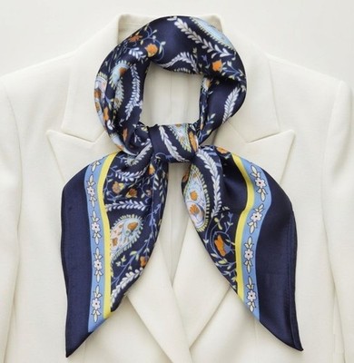 Elegant Navy Blue Floral Paisley Silky Satin Square Scarf Fashion Neck Accessory