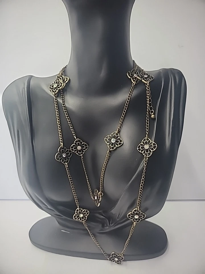 Vintage Premier Designs Necklace Flapper Gold Tone Flower Iridescent Crystal - Image 2 of 4