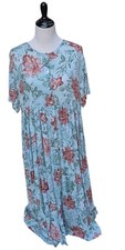 Vtg Hilo Hattie's Womens Size XL Hawaiian Floral Dress Blue Button Front Rayon