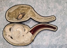 Antique Meerschaum Pipe Eagle Talon with Real Amber Stem In Case 7" Long Nr.mint