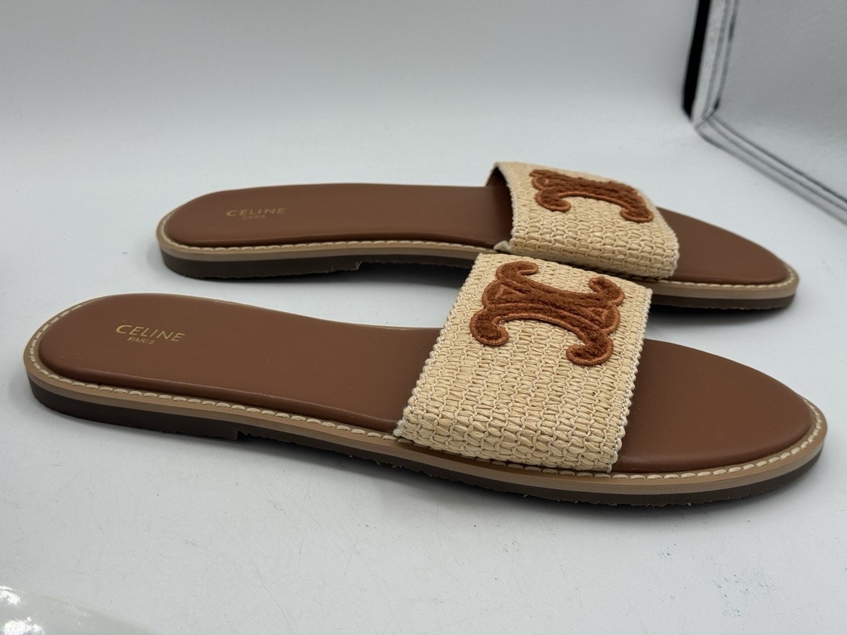 Celine Triomphe Raffia Slide Sandals Size 42 Tan Brown Logo Flat