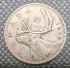 Canada 1949 25 Cents 25c Canadian Caribou Quarter Coin - 80% Silver - ASW .150oz