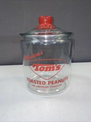 Vintage Tom's Toasted Peanuts Delicious Glass Counter Display Jar with Red Lid