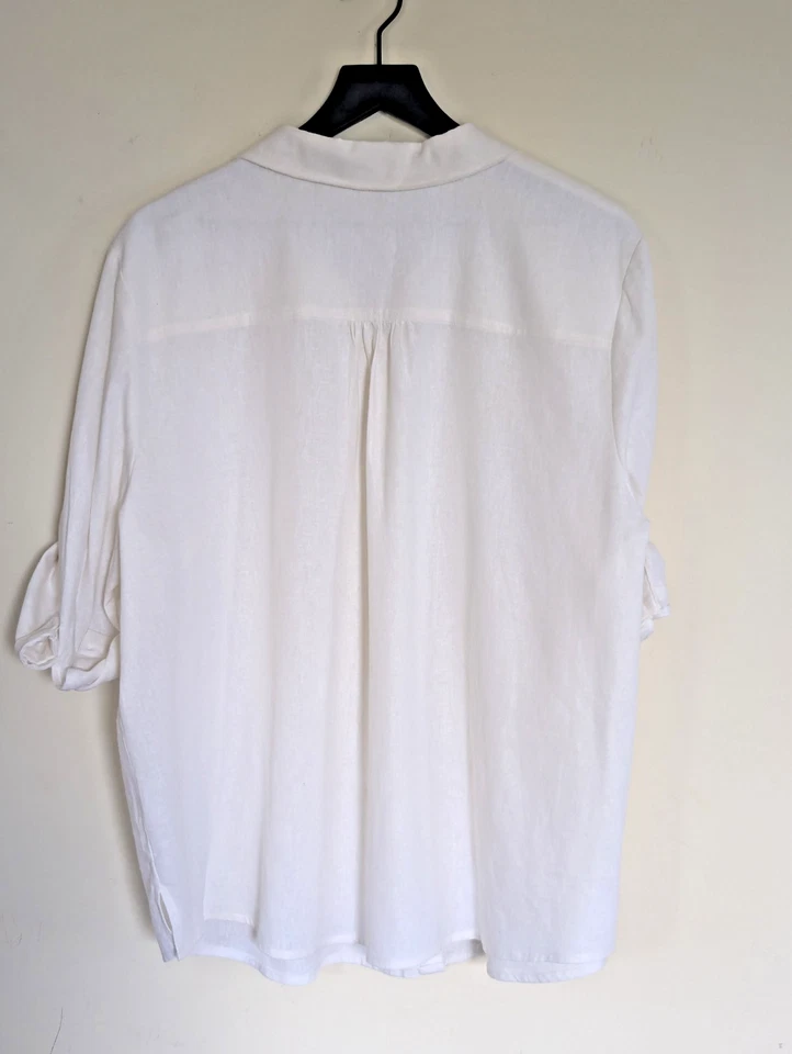 Camisa de Mezcla de Lino para Mujer 1X Abotonada Plisada Blanca Clásica Lagenlook Boho Playa Foto 4 de 4