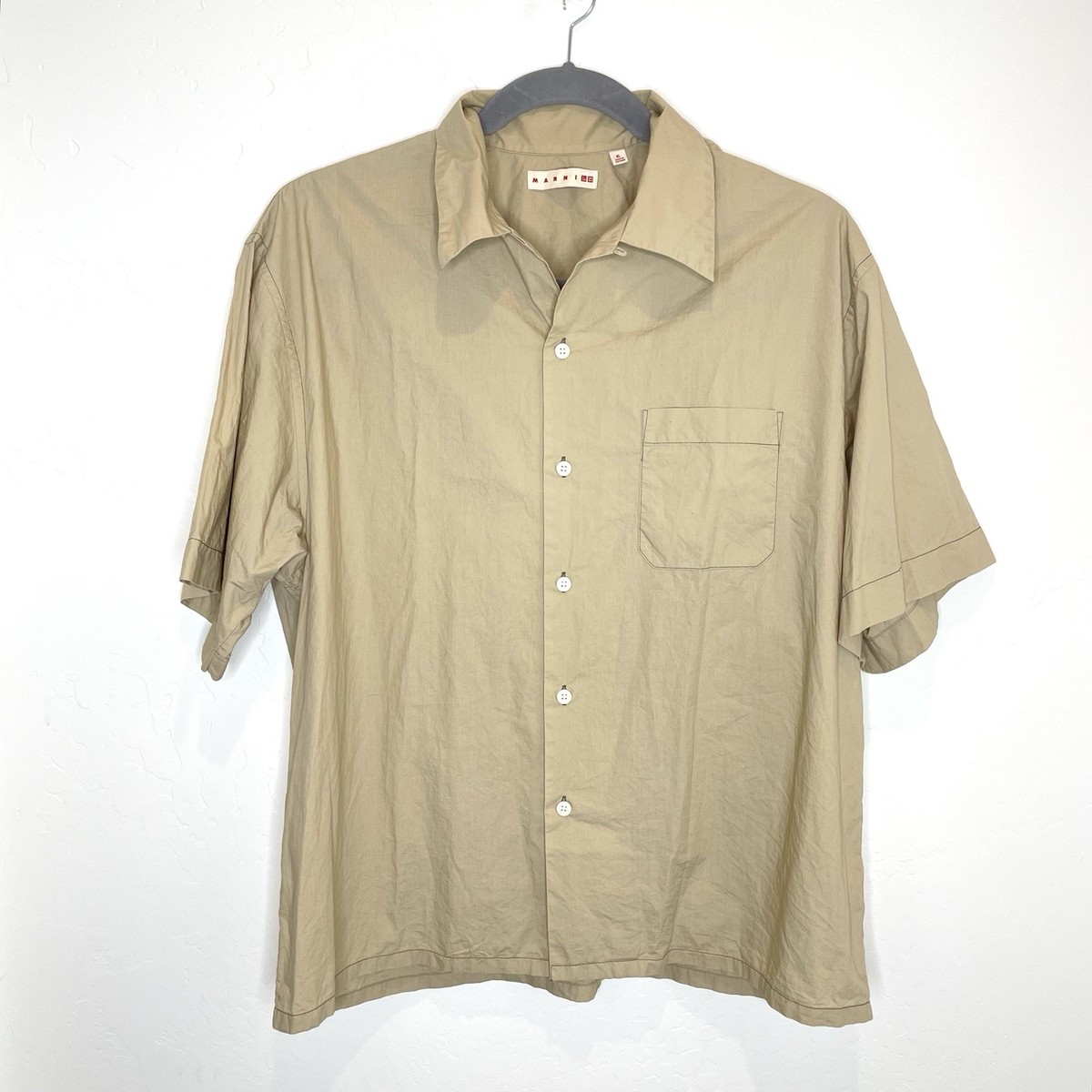 Marni X Uniqlo Button Up Shirt Mens XL Tan Beige Cotton Short 