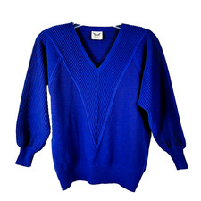 Macho Royal Blue V-Neck Sweater 80s Vintage Women Size 8 Medium Ribbed Austria