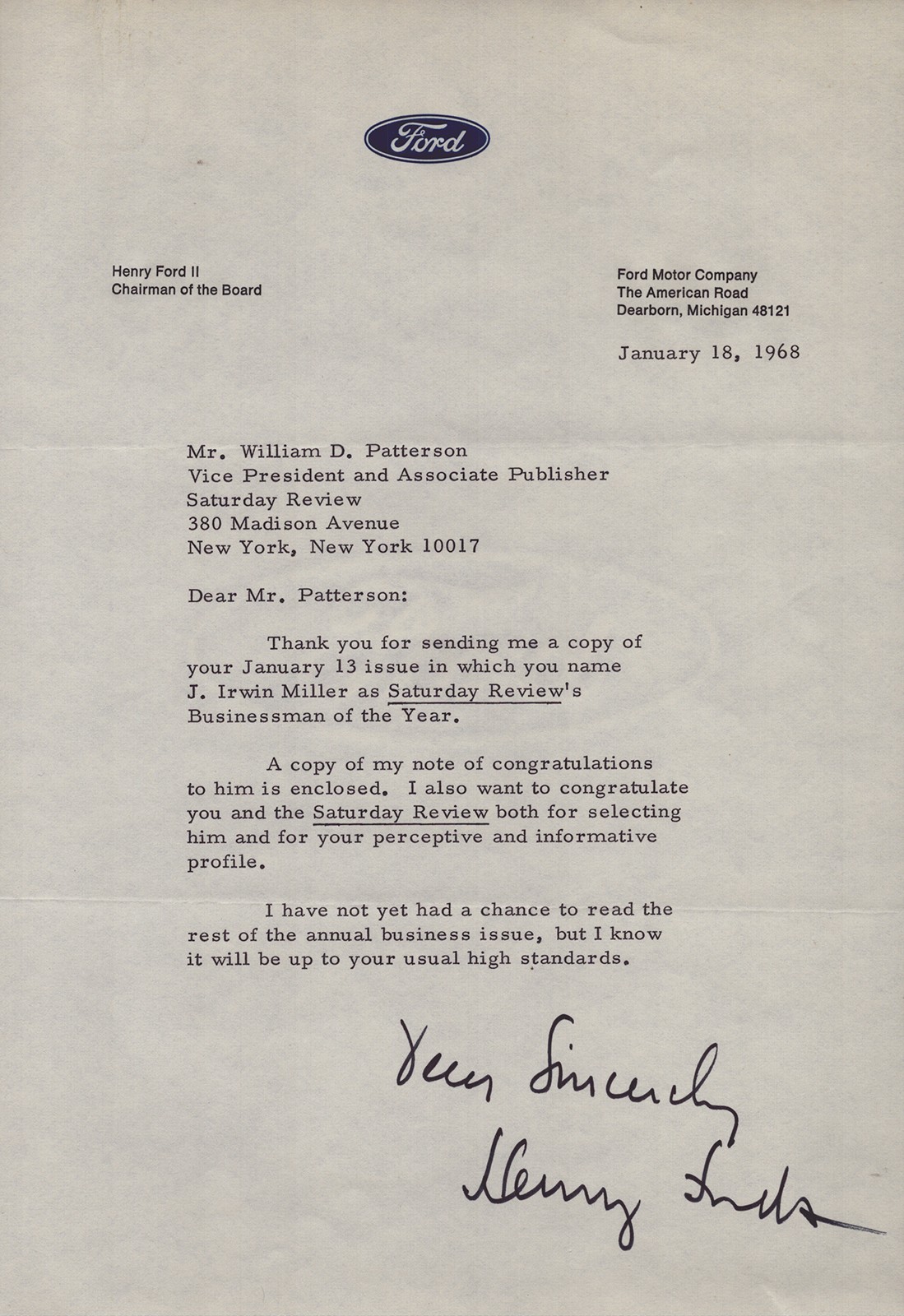 Henry "henry The Deuce" Ford Ii - Typed Letter Signed 01/18/1968
