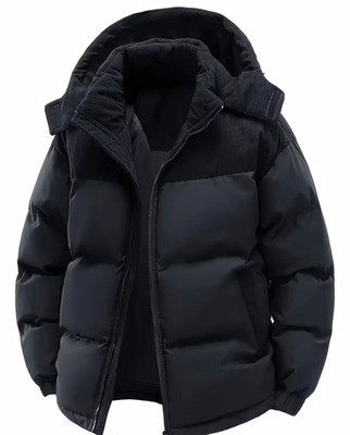 Herren Steppjacke Daunenjacke Schwarz Kapuze Reißverschluss Kurz Polyester L