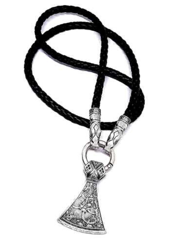 Viking Axe Necklace Pendant Dragon Head Torque Leather Mammen Norse - Pagan - Afbeelding 1 van 12