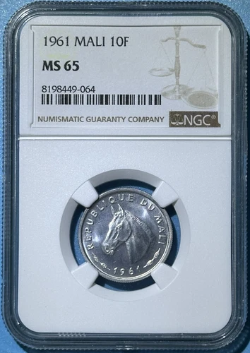 Mali Republic 1961 Aluminum 10 Francs Horse Head High Grade Choice BU NGC MS 65