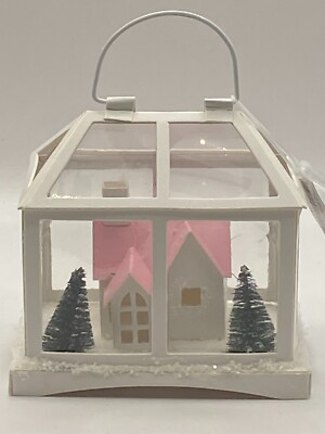 NEW 4.25'' WHITE LANTERN WITH PINK ROOF HOUSE TREES CHRISTMAS ORNAMENT FREE SHIP