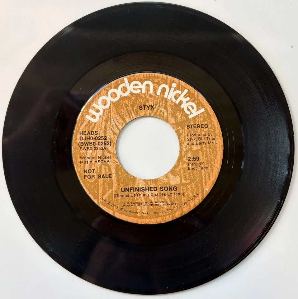 Styx 'Unfinished Song' Wooden Nickel Double A-sided Promo 45 For Non LP Track - Image 3 of 3