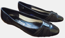 Salvatore Ferragamo Black Patent Ballet Loafers Gathered Ribbon Buckle Logo 5.5B
