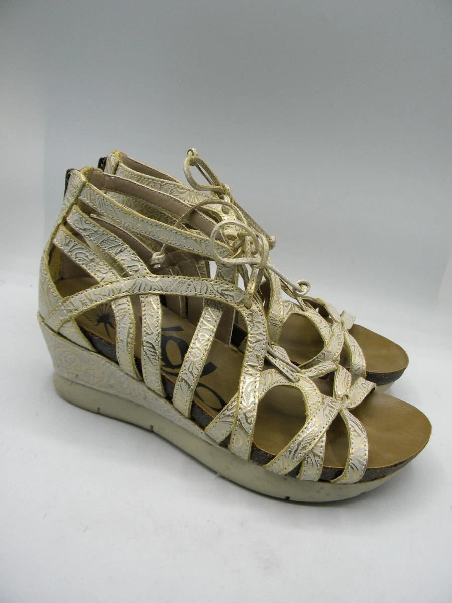 OTBT Nomadic White Gold Tooled Leather Wedge Lace Up Sandals Zip