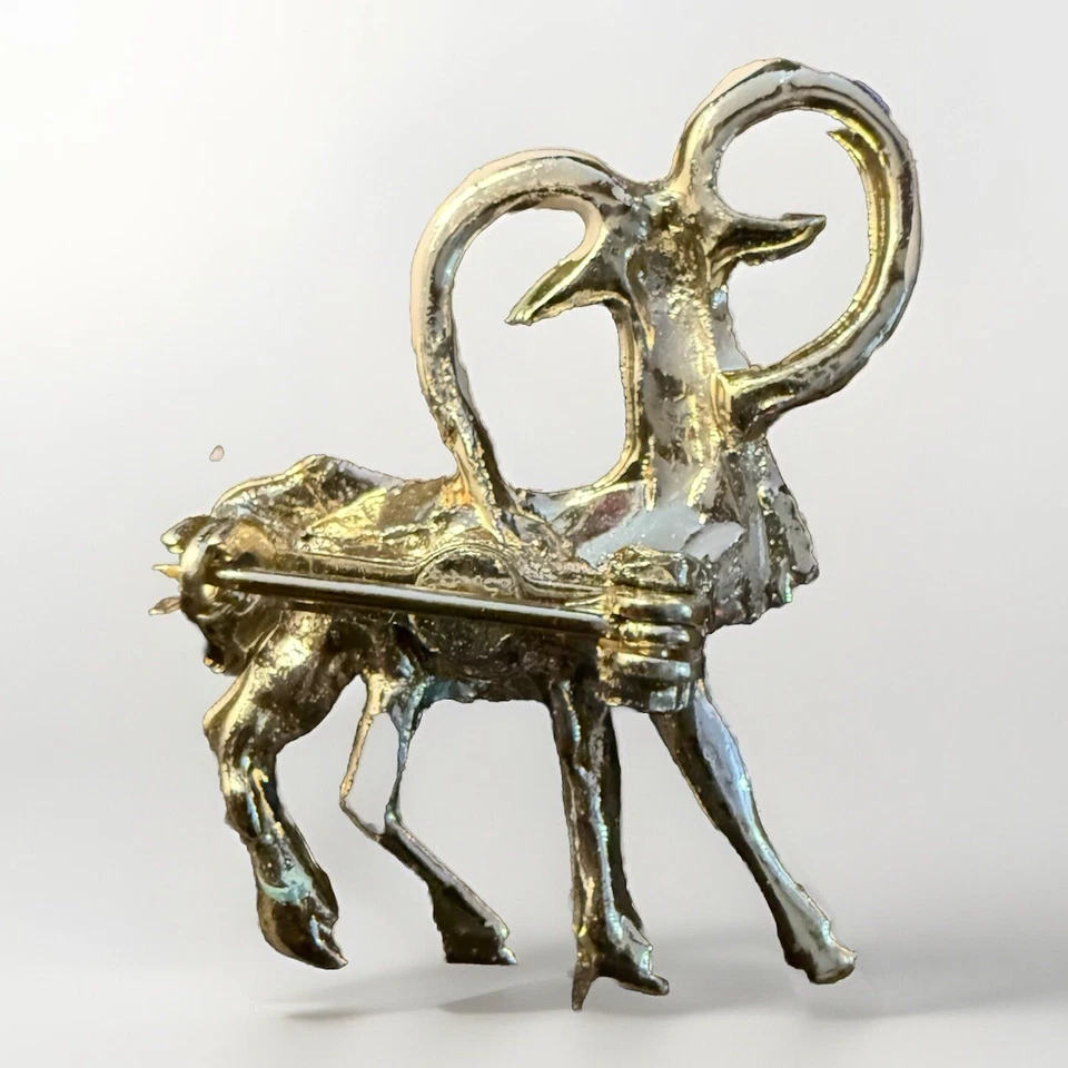 Vintage Goat Pin Gold Tone With Curled Horns - Light Green Body, Black Hooves - Image 3 of 4